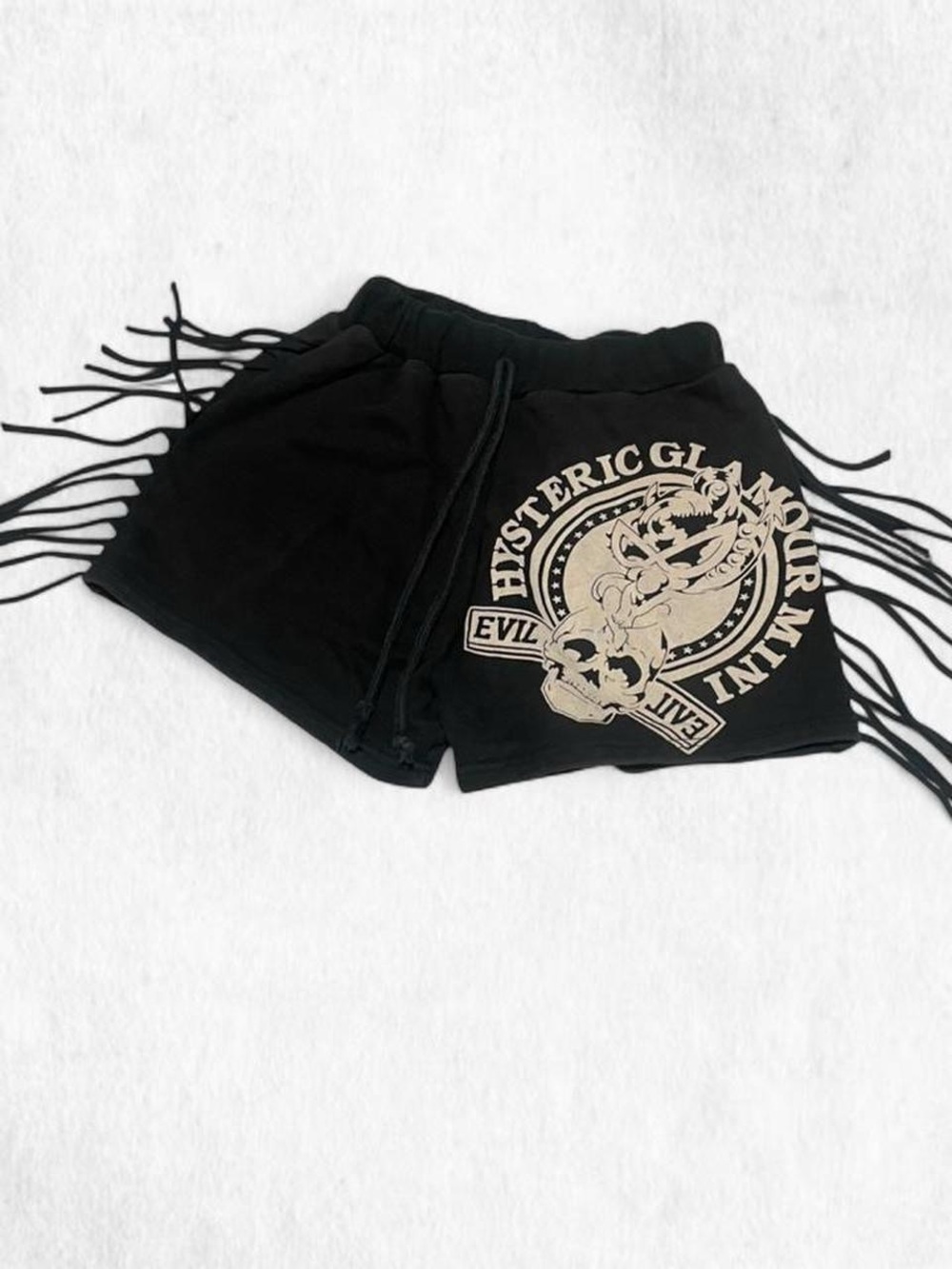 Hysteric Glamour black fringed graphic shorts